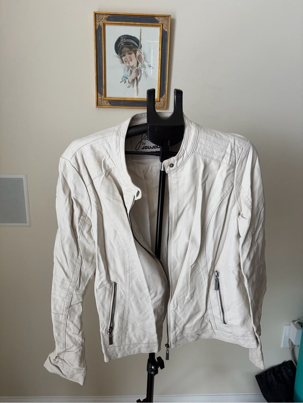 j2 by Joujou Cream Faux Leather Moto Jacket XL Band Collar Quilted Zip